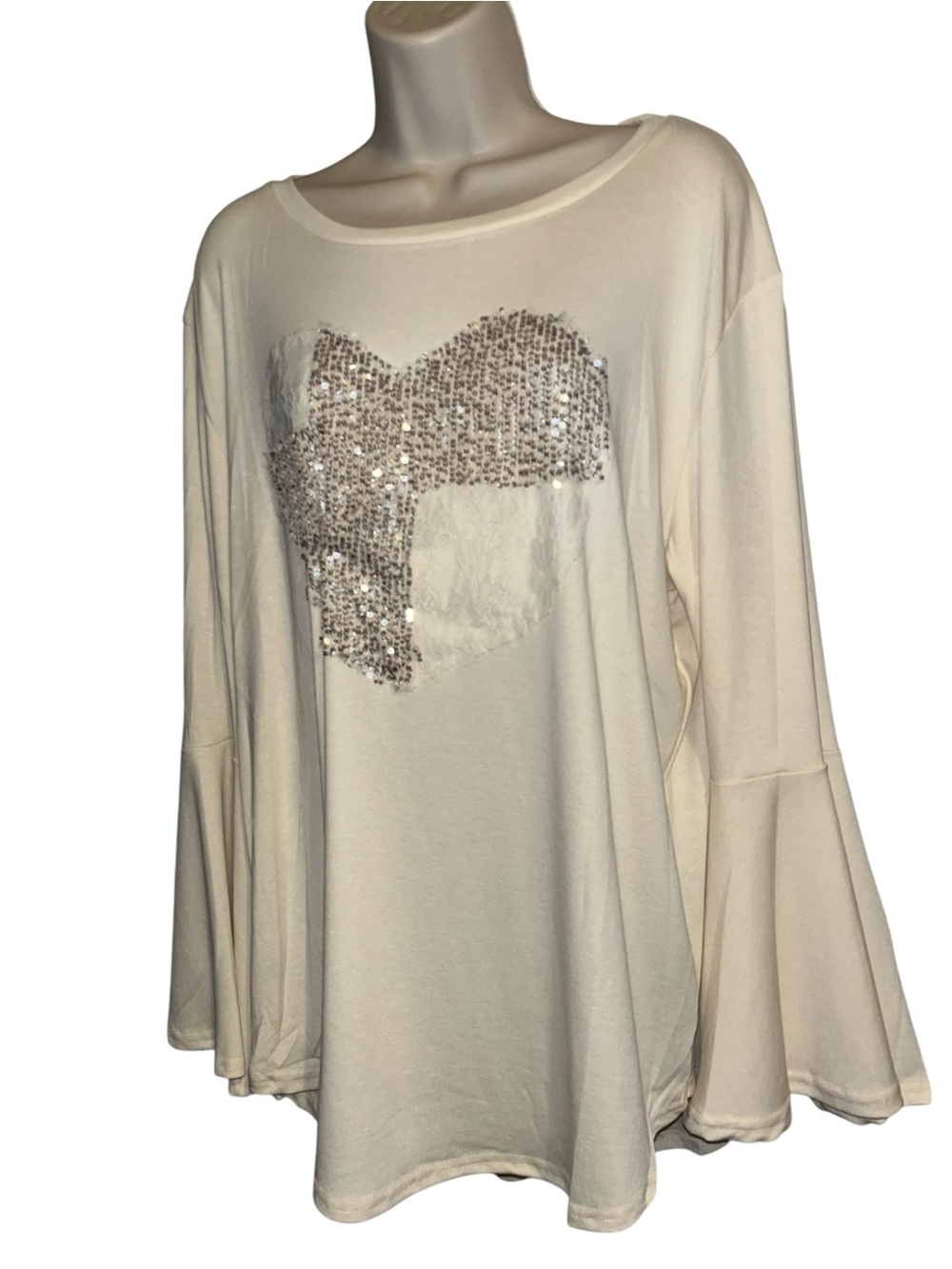 Origami XL Sequin and Lace Heart Design Long Bell Sleeve Top